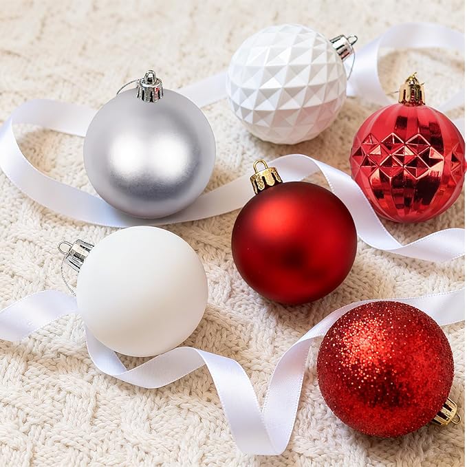 Christmas Tree Decorations Ornament Set, 60ct 2.36 Inches Red and White Shatterproof Christmas Ball Ornaments, Hanging Ball for Xmas Holiday Wedding Party Decor