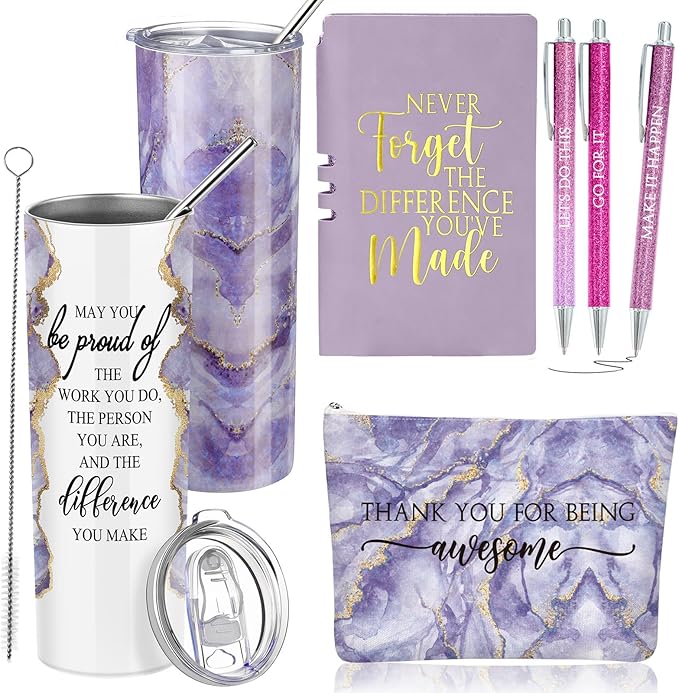 Domensi 6 Pcs Employee Appreciation Gift Set for Women Female Thank You Gift May You Be Proud 20 oz Rustic Marble Sign Tumbler Makeup Bag Journal for Teacher Nurse Lady Work Business(Purple)
