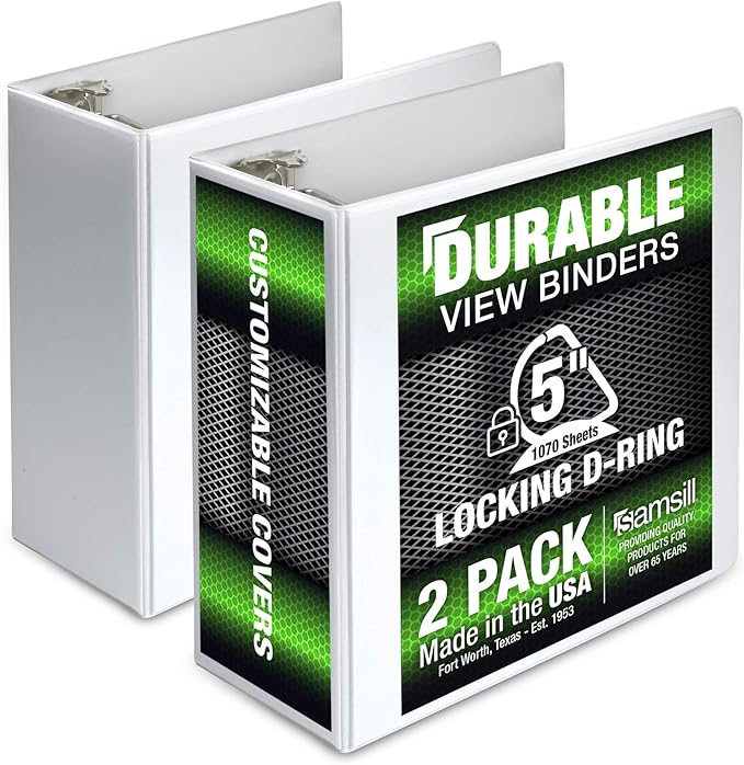 Samsill Durable 5 inch 3 Ring Binder, Made in USA, Locking D Ring FSC 100% Recycled Chipboard, White, 2 Pack