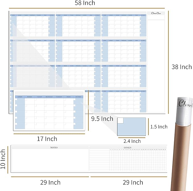 CLEVER CLEAN Large Dry Erase Wall Calendar - 48"x58" 12-month 2025 Undated Yearly Calendar for Home, Office, School Projects - Jumbo Laminated Task Organizer