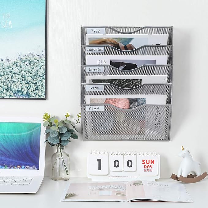 PAG Hanging Wall File Holder Mail Organizer Wall Mount Document Letter Rack, 5-Tier, Silver