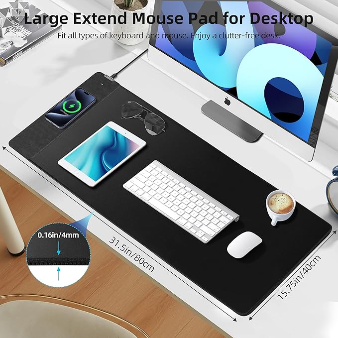 Wireless Charging Mouse Pad, Gaming Mouse Pad with Ultra-Smooth Surface, 31.5”x15.75” Large Desk Mat, Non-Slip Rubber Base, Waterproof Computer Keyboard Pad for Gaming, MacBook, Laptop, Desk