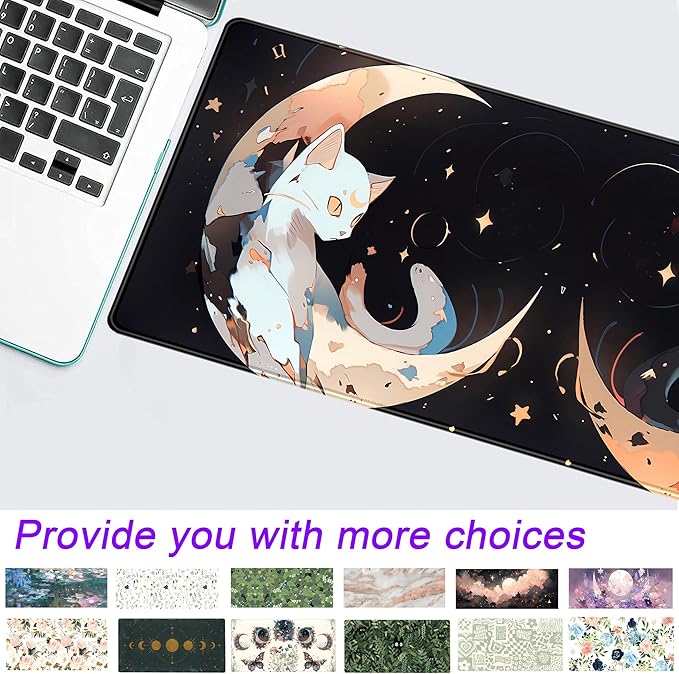 Cute Black White Cats Desk Mat Anime Cat Mouse Pad Kawaii Moon Desk Pad XL Large Extended Mousepad Desk Matt for Desktop, Computer Keyboard Mouse Mat for Women Office Decor Accessories 31.5x11.8 in