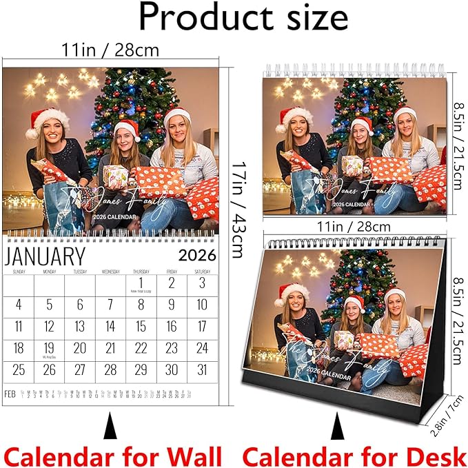 Custom Calendar 2026 Christmas New Year Gift Personalized Photo Pictures Printing Customized Photos Calendar for Wall Desk Office Home Family Anniversary