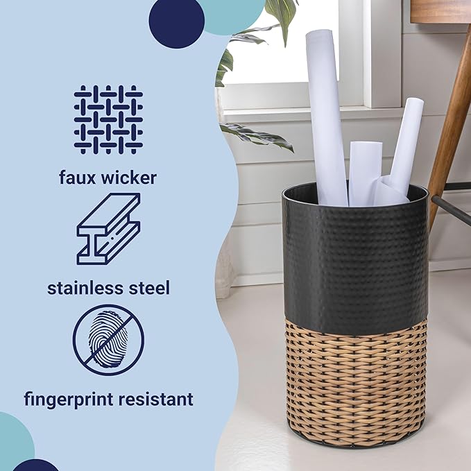 happimess HPM1102C Asher Modern 4.13-Gallon 2-Tone Faux Wicker/Metal Cylinder Waste Basket, Black/Natural for Home, Bathroom, Living Room, Office, Bedroom, Kitchen