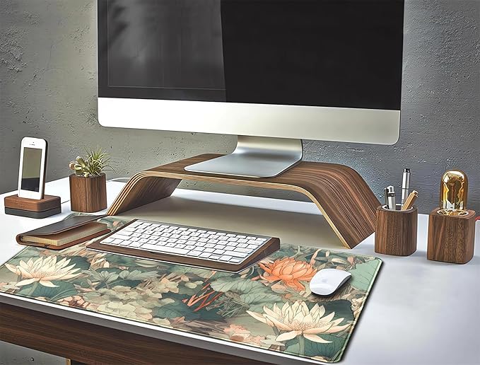 Light Emerald and Orange Floral Desk Mat, XXL Large Extended Mouse Pad Gaming Desk Pad, Aesthetic Asian Lotus Flower Big Laptop Keyboard and Mouse Mat for Women Desktop Office Decor 31.5x15.7 in
