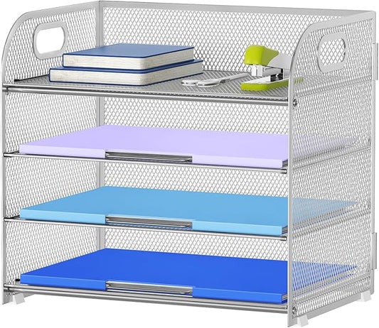 Marbrasse 4 Tier Paper Organizer Letter Tray - Mesh Desk File Organizer with Handle, Paper Sorter Organizer for Letter/A4 Office File Folder Holder (Silver, 12.6" x 9.1" x 10.7")