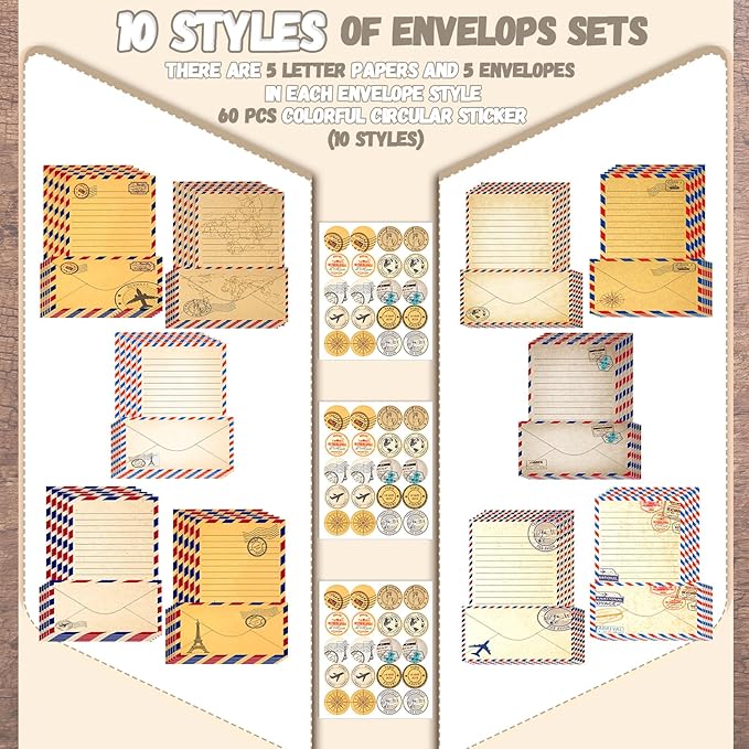 TaoBary 160 Pcs Stationery Paper Set 50 Double Sided Stationery Papers with 50 Matching Envelopes and 60 Round Dot Sticker, 10 Design(Vintage Travel,8.5 x 11 Inch)