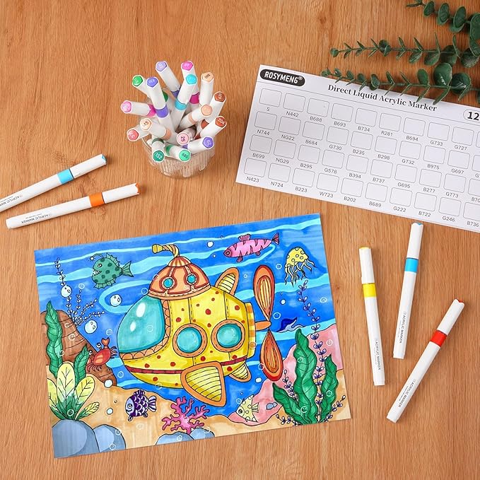 ROSYMENG Acrylic Paint Markers, 154 Colors + 8 Metal Colors - Large Ink Capacity, High Coverage with Brush Tip Acrylic Paint Pens, Suitable for Wood, Glass, Rock, and Fabric - Student School Supplies