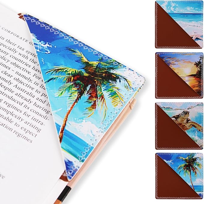 4 Pieces Leather Bookmarks, Cute Book Accessories for Reading Lovers, Page Markers for Women Men Kids Students Teachers Retirement Birthday Gift (Beach)
