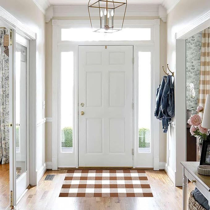 Buffalo Plaid Outdoor Rugs, 24'' x 51'' Coffe and White Checkered Area Rug, Layering Rug for Hello/Welcome Door Mat, Washable Cotton Woven Farmhouse Mat for Front Porch Décor