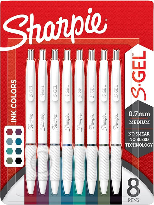 Sharpie S-Gel | Gel Pens for Writing | Medium Point (0.7mm) | Assorted Ink Colours | White Pearl Barrels | 8 Count