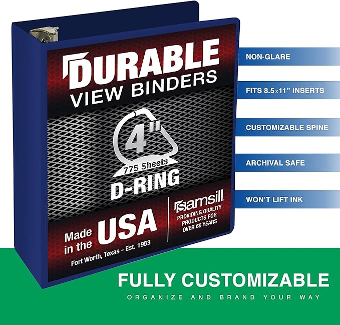 Samsill Durable 4 Inch Binder, Made in The USA, Locking D Ring Binder, Customizable Clear View Cover, Dark Blue, Holds 775 Pages