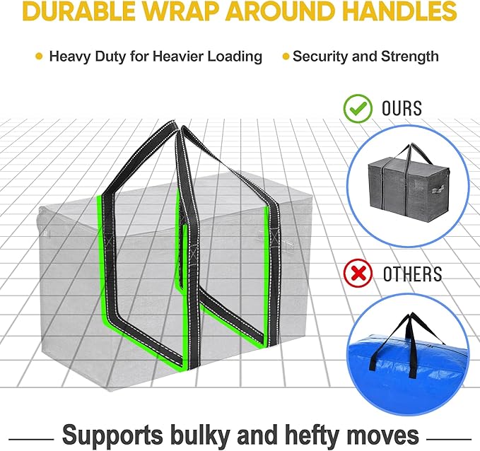 VENO 4 Pack Moving Bags, Heavy Duty, Moving Boxes Alternative, Packing Storage Supplies for Dorm Room Essentials with Zipper for Clothes, Extra Large Totes for Packaging (Dark Gray, 4 Pack)