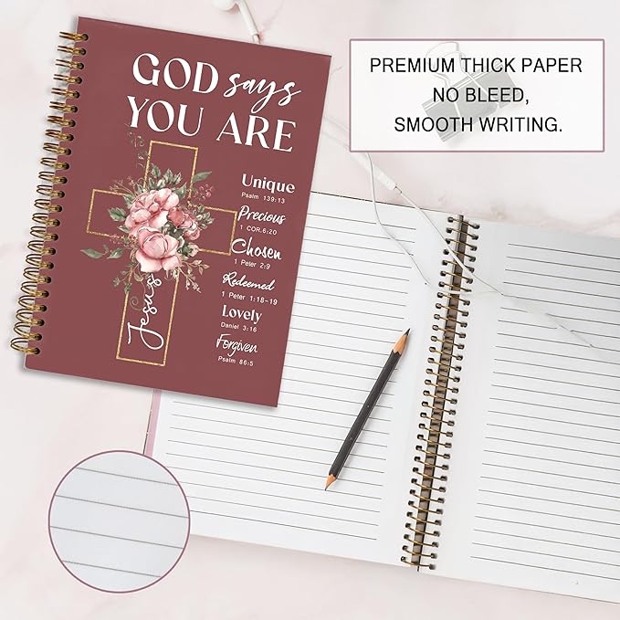 Bible Notebook, A5 Spiral Christian Journal with Floral Pink Butterfly Notebook, Bible Verse-God Says You Are, Inspirational Notebooks for Women, Bible Study, Gift for Birthday Christmas