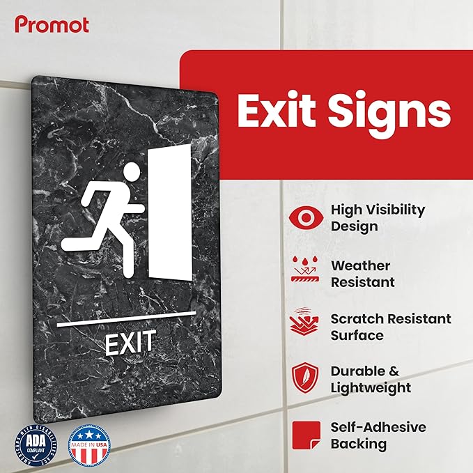 Promot Exit Sign – ADA Braille Exit Sign for Business, Self-Adhesive, 9" x 6", Commercial Door Signage, Office Wall Decor - Marble Charcoal