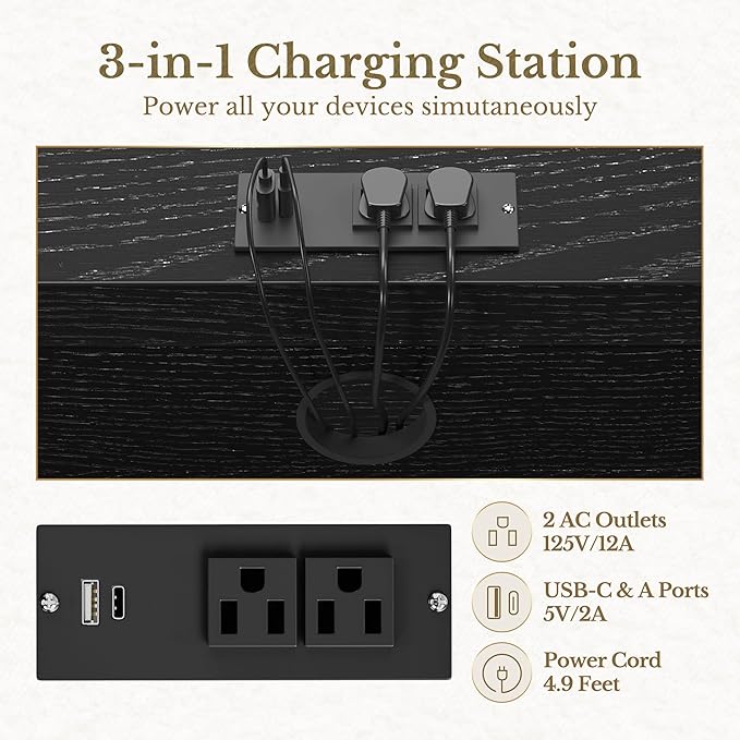 2 Drawer File Cabinet with Lock, 63'' Wood Lateral File Cabinet, Compatible Letter and A4 Size, Rattan Filing Cabinet for Home Office with AC/USB, Adjustable Storage Shelves, Black
