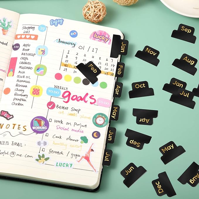 72 Pieces Adhesive Monthly Planner Tabs Monthly Index Stickers Decorative Label Calendar Stickers for Office Study Planner Journal Notebook Back to School Accessories(Black)