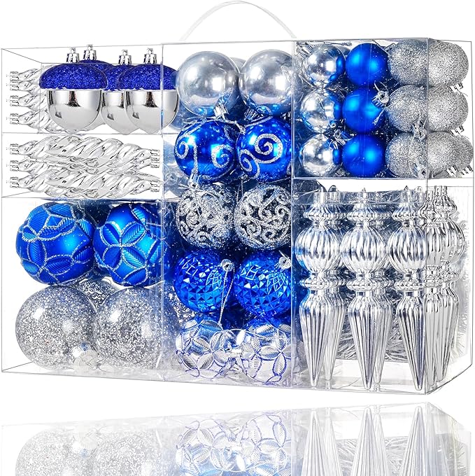 123pcs Christmas Ball Ornaments Set, Shatterproof Plastic Balls for Classic Xmas Decorations, Hanging Ornaments for Christmas Tree, Holiday, Bridal, Home Party, Blue and Silver