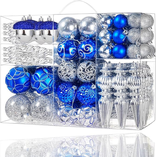 123pcs Christmas Ball Ornaments Set, Shatterproof Plastic Balls for Classic Xmas Decorations, Hanging Ornaments for Christmas Tree, Holiday, Bridal, Home Party, Blue and Silver