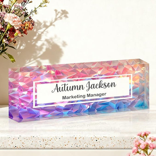 Ship Next Day-Custom Name Plate for Desk, Desk Name Plate Personalized, Acrylic Office Desk Accessories, Appreciation Gifts for Coworkers Employee Teachers Boss Women Men (Polygon Gradient)