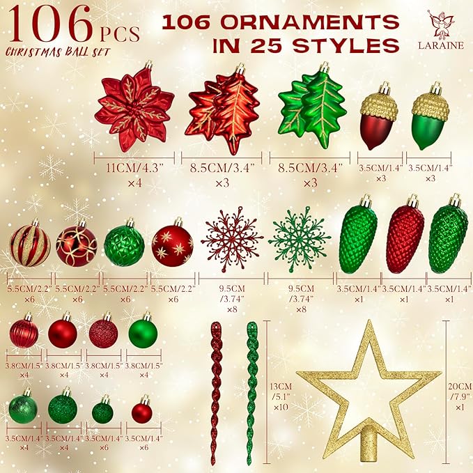LARAINE Christmas Balls Ornaments 106 Pcs Decorations for Christmas Tree, Shatterproof Hanging Ball Variety Gift Set of Holiday Party Wedding Decoration (Red&Green)