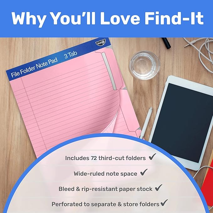 Find It File Folder Notepad - Pack of 72-9.5 x 12.5 Inch Notebook Organizer Folders for Filing, Document, and Clipboard Organization - Pink