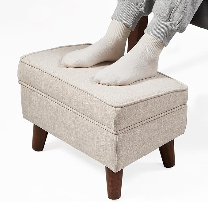 Ottoman Foot Rest, Small Footstool Ottoman with Storage, Modern Foot Stool with Adjustable Lid and Sturdy Wood Legs for Living Room, Bedroom, Couch, Enterway (Beige)