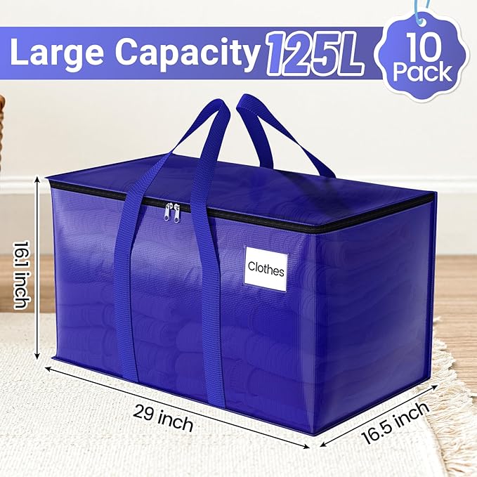 10Pack Moving Storage Bags, Moving Supplies Packing Boxes for Moving, Camping, College Dorm Room Essentials for Girls, Blue Tote Bags, 125L Heavy-Duty Storage Bins With Lids And Zippers