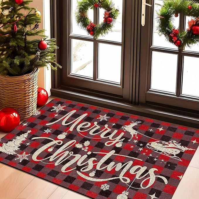Christmas Front Door Mat Xmas Buffalo Plaid Welcome Doormat Reindeer Santa Claus Floor Mats Outdoor Indoor Area Rug Entry Doormat for Bedroom Living Room Kitchen Nursery, 18" x 30"Inch