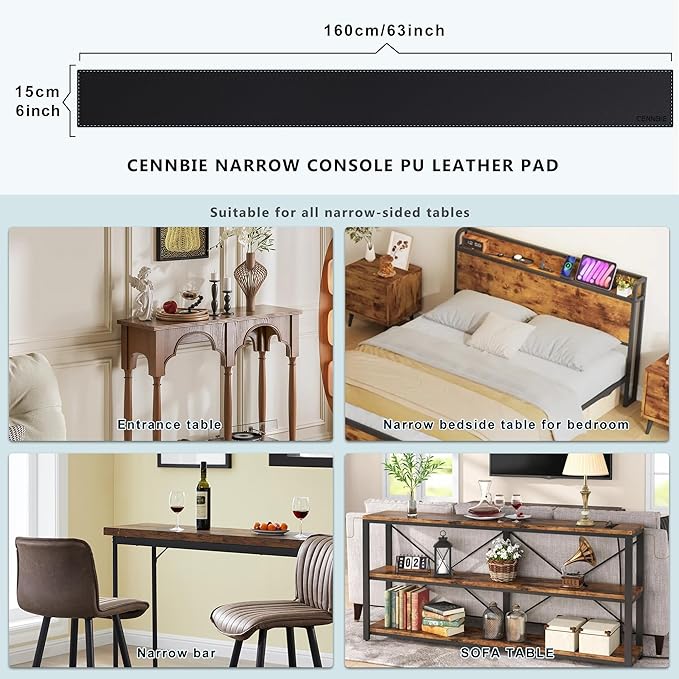 CENNBIE Console Table Leather Cover - 63 x 5.9 Inches Sofa Table Narrow Long Mat - TV/Media/Gaming/Center Console Table Protector Pad for Narrow Side Table, Sideboard, Entryway Table (Black)