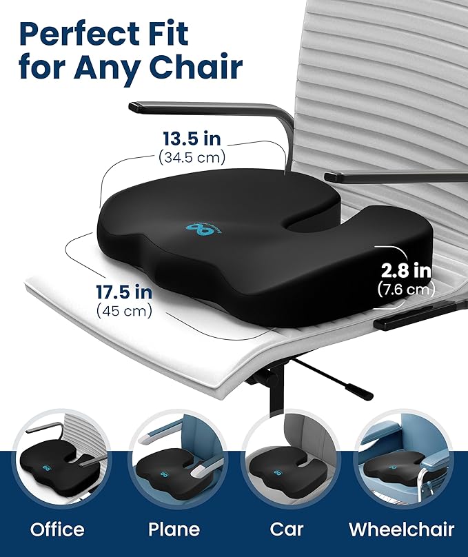 Everlasting Comfort Doctor Recommended Memory Foam Seat Cushion for Office Chairs & Car Seat - Ergonomic Office Desk Accessories for Tailbone Pain Relief, Sciatica & Back Support