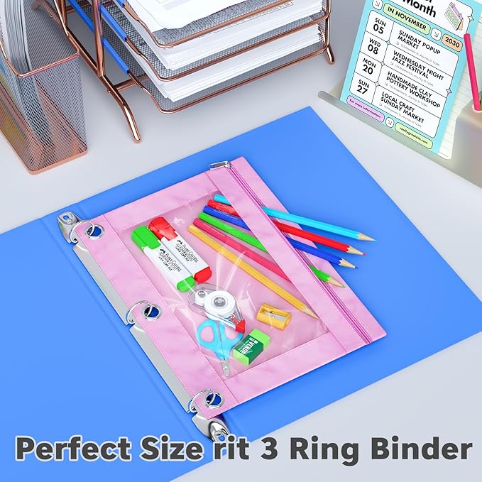 DoDoMagxanadu Binder Pencil Pouches, Pencil Pouch for 3 Ring Binder with Zipper Pulls, Clear Window Pencil Case for Binder, Zipper Pencil Pouches with Rivet Enforced 3 Ring, 20 Pack, 10 Color