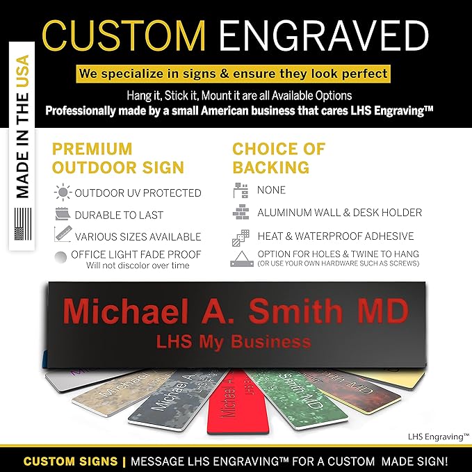 Engraved Name Plates for Door Sign Personalized Black Plastic Plaque with Red Letters - Made in USA 2x8 B19