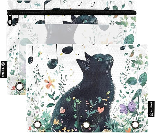 ZAZYXTJ Cat Binder Pencil Pouchs 3 Ring with Zipper Clear Window Office Organizers bag for School Students Teacher Supplies 2 Pack