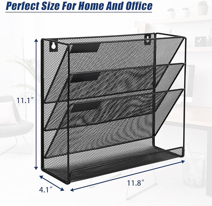 EASEPRES Desk File Organizer Mesh 4-Tier, Hanging Wall Mount Document Organization Stand, Desktop Vertical Mail Paper Folder Holder Rack with Bottom Tray for Office Home Cubicle Countertop, Black