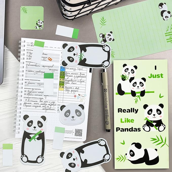 Xqumoi I Just Really Like Pandas Sticky Notes Set, 550 Sheets, Cute Cartoon Pandas Self-Stick Notes Pads Animal Divider Tabs Bundle Writing Memo Pads Back to School Office Supplies Small Gift