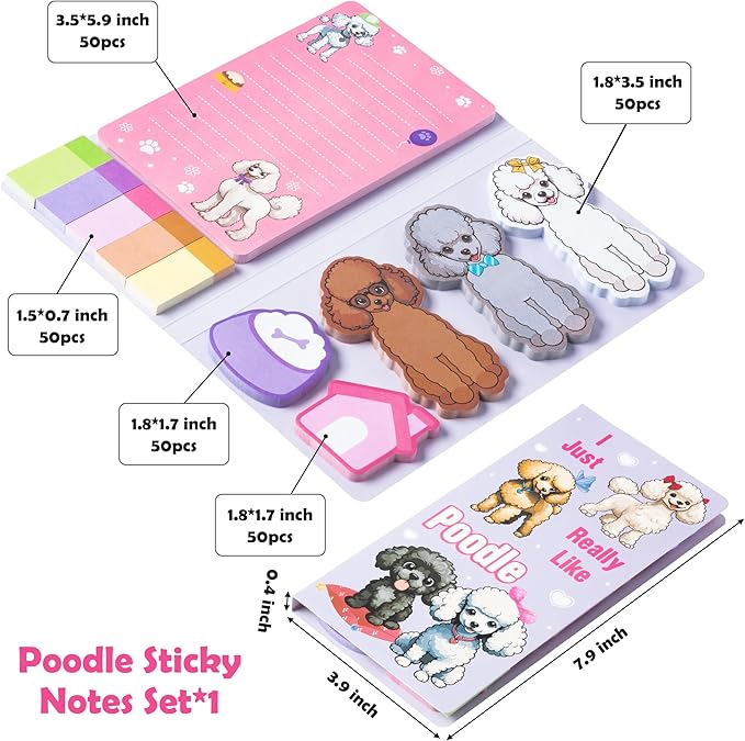 Xqumoi I Just Really Like Poodle Sticky Notes Set, 550 Sheets, Cute Cartoon Poodle Self-Stick Notes Pads Animal Divider Tabs Bundle Writing Memo Pads Page Marker Back to School Office Supplies Gift