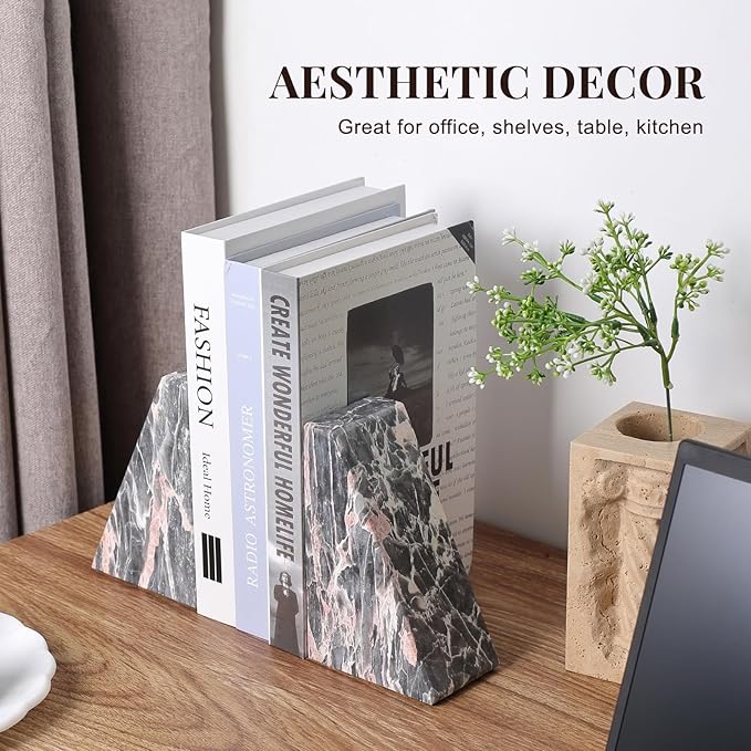 Koville Marble Bookends for Shelves, Large Bookends for Heavy Books, Natural Stone Book Stopper for Books CD Movies, Aesthetic Decorative Book Ends (Grey&Pink)