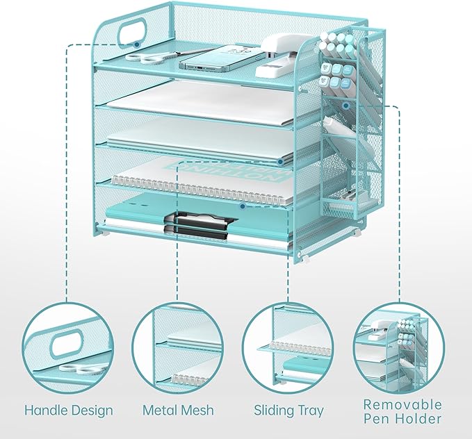 SUPEASY 5 Tier Desk Organizer with Handle & Removable Pen Holders, Mesh Paper/File Organizer for Desk, Paper Letter Tray Organizer for Office Supplies (Blue)