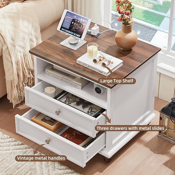 24" Wide Farmhouse Nightstand Set of 2 with Charging Station,End Table with 2 Drawers,White Wood Dresser for Bedroom Cabinet, Bed Side Table Chest of Drawers, Night Stand for Living Room, Closet