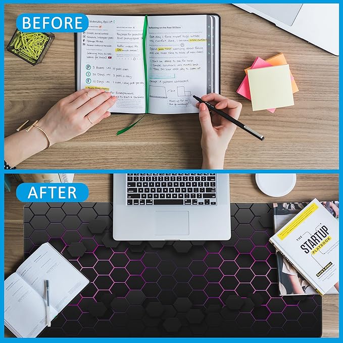 Grid with Purple Light Large Gaming Mouse Pad,Waterproof Desk Mat for Desktop,Non-Slip Rubber Base Mousepad with Stitched Edges for Laptop Office and Home 35.4X15.7 Inch