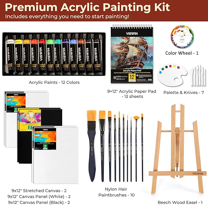 VISWIN 51 Pcs Acrylic Paint Set with Tabletop Easel, Painting Kit with 12 Acrylic Paints, Canvases, Brushes, Palette, Paper Pad, Art Supplies, Ideal Gift for Adults, Kids, Artists, Students