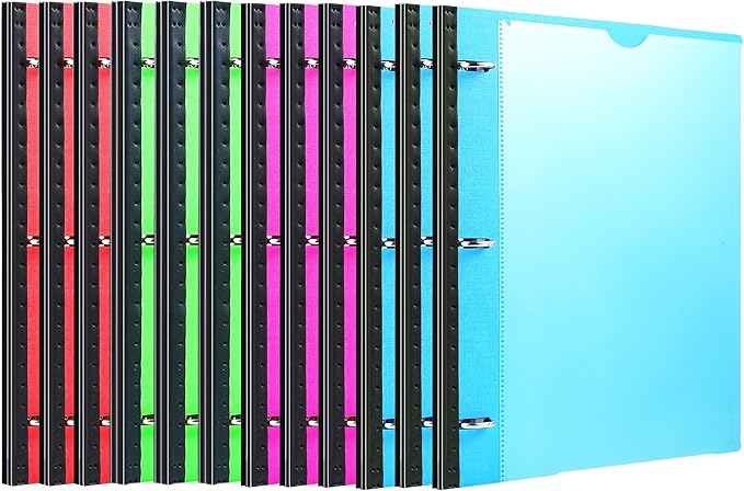 Telescoping 3 Ring Binder-12PCS, Flexible Binder with Customized Front Cover+Clear Catalog Pocket+3 Round Rings, Flat Writing Binder, 4 Bright Colors