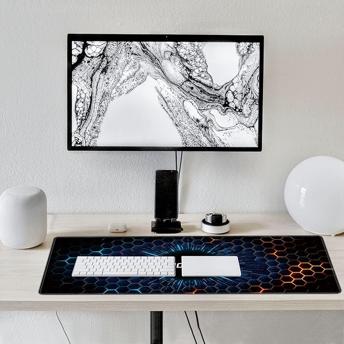 Hexagon Honeycomb Large Mouse Pad, Gaming Desk Mat, XXL Extended Keyboard Desk Pad, 35.4"x15.7" Non-Slip Rubber Base Big Mousepad with Stitched Edges for Home and Office