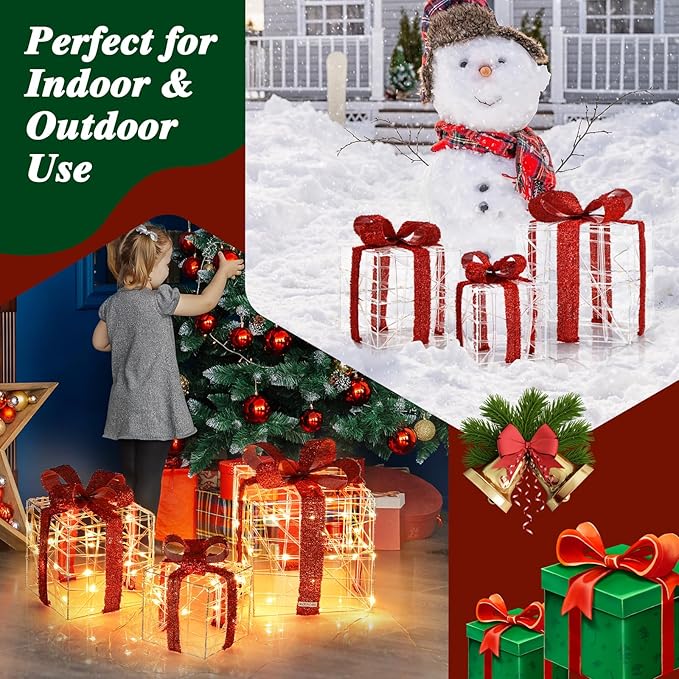 Tangkula Set of 3 Christmas Lighted Gift Boxes, Christmas Box Decorations with 60 LED Lights, Small Medium and Large Presents Boxes with Waterproof Plug, Suitable for Indoor and Outdoor