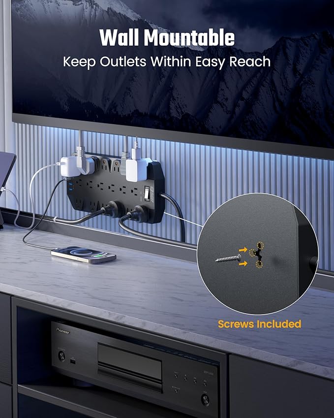 Surge Protector Power Strip, SUPERDANNY 18 AC Outlets with 4 USB Ports, 1875W/15A, 2100J, 6.5FT Flat Plug Heavy Duty Extension Cord with Wall Mount Holes for Home, Office, Gaming Room,Dorm, Black