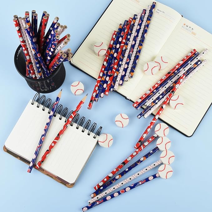 48 Pcs Baseball Pencils and Erasers for Birthday Gifts Baseball Favors Assortment Stationery Pencils for Students Office School Supplies Classroom Rewards.