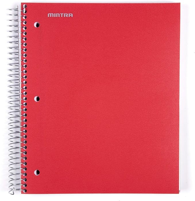 Mintra Office Durable Spiral Notebooks, 5 Subject (Red, College Ruled 1pk)