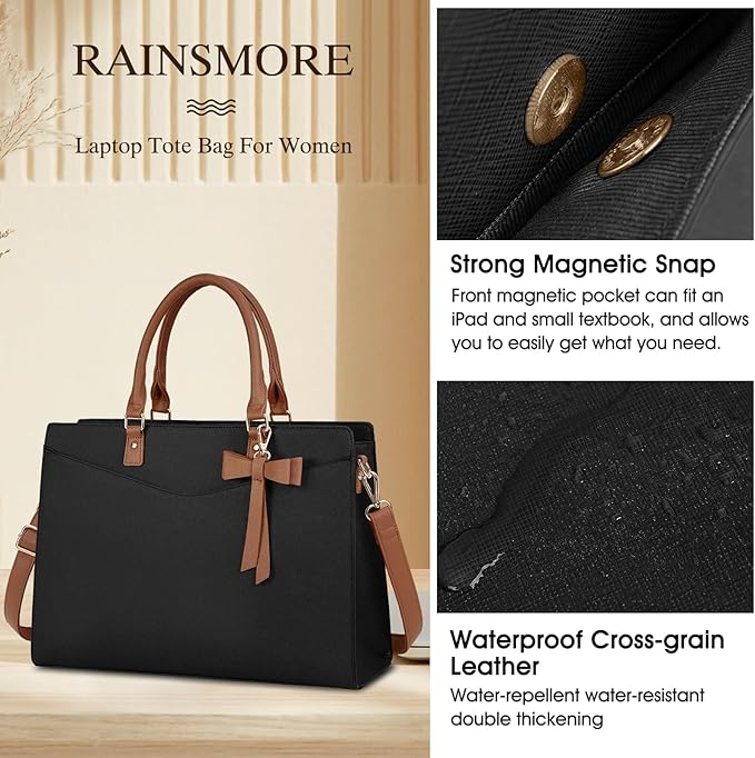 RAINSMORE Laptop Bag for Women 15.6 Inch PU Leather Laptop Tote Bag Professional Business Office Briefcase Waterproof Work Bag Computer Tote Bag Large Lightweight Handbag Shoulder Bag